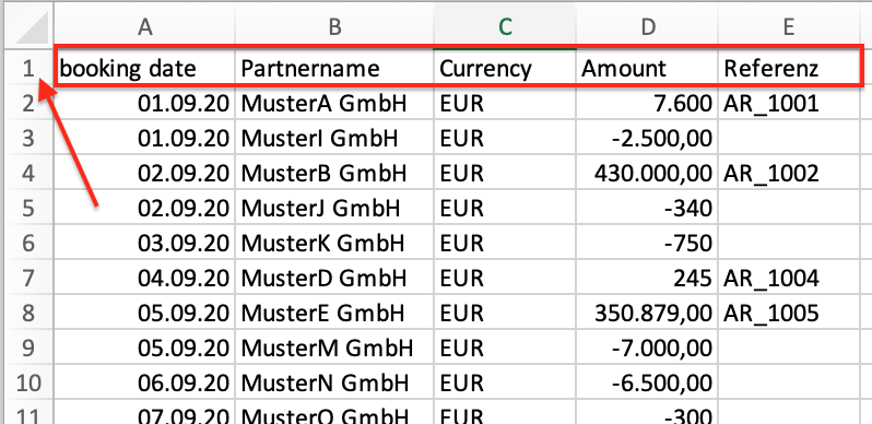 Spalten für den erfolgreichen Import von Transaktionen