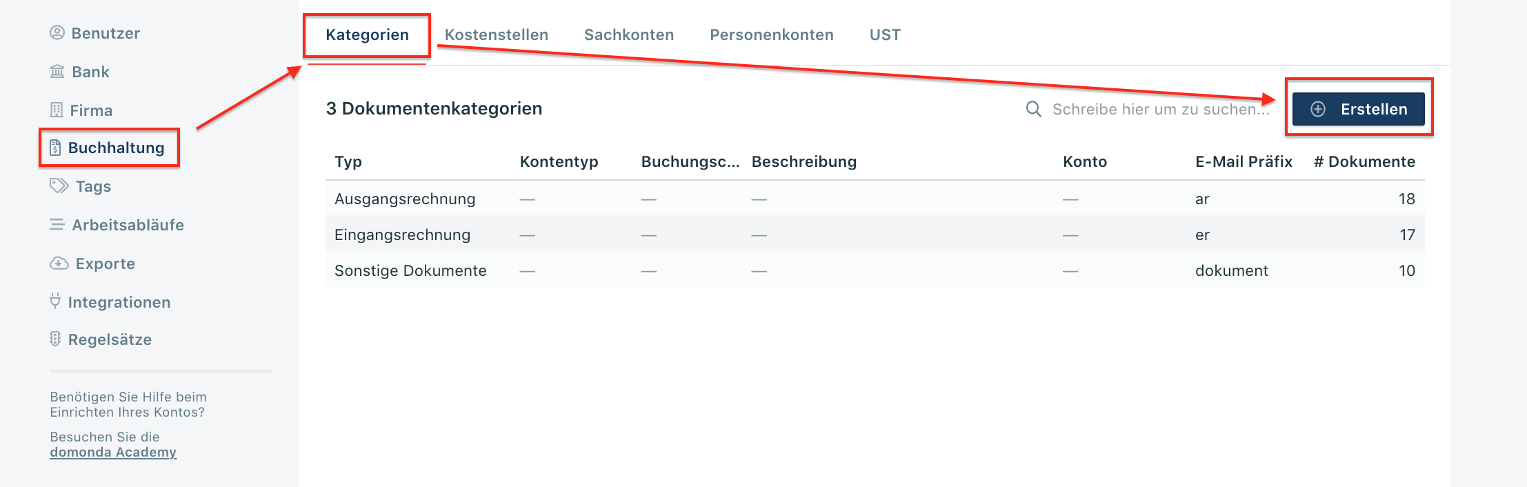 Screenshot aus dem domonda Einstellungen. Klicken Sie zunächst auf den Eintrag Buchhaltung, danach auf den Reiter Kategorien und dann auf Erstellen um eine neue Dokumentenkategorie anzulegen.