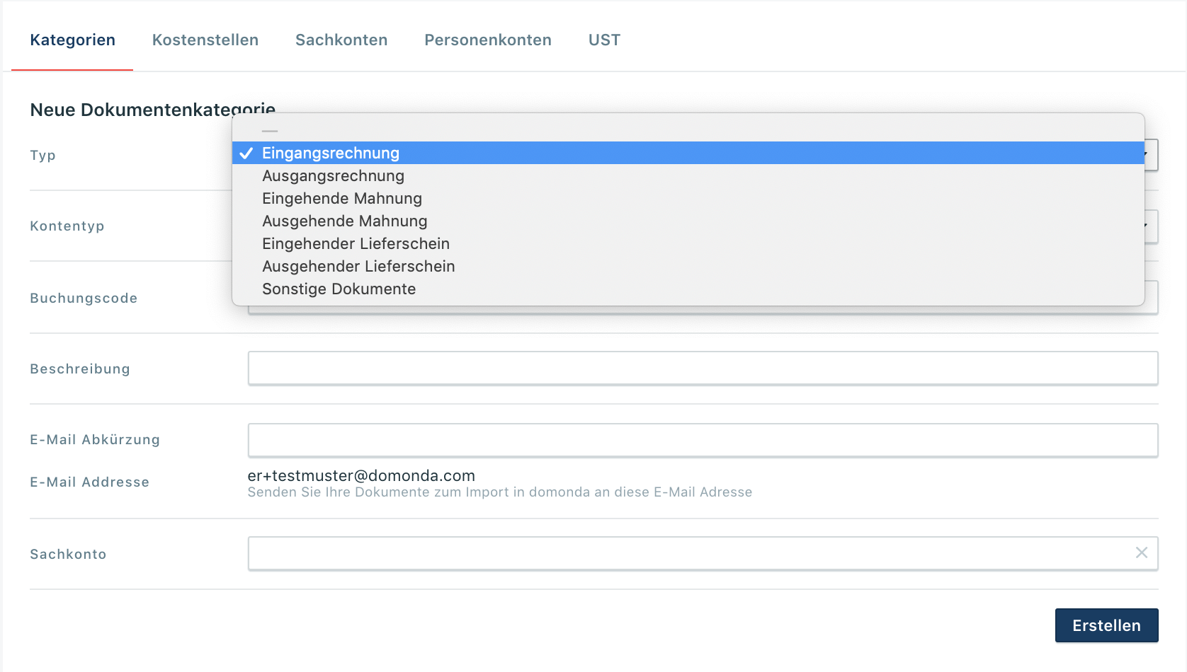 Das Bild zeigt ein Dropdown mit unterschiedlichen Dokumenttypen zur Auswahl, zum Beispiel Eingangsrechnungen und Ausgangsrechnungen.