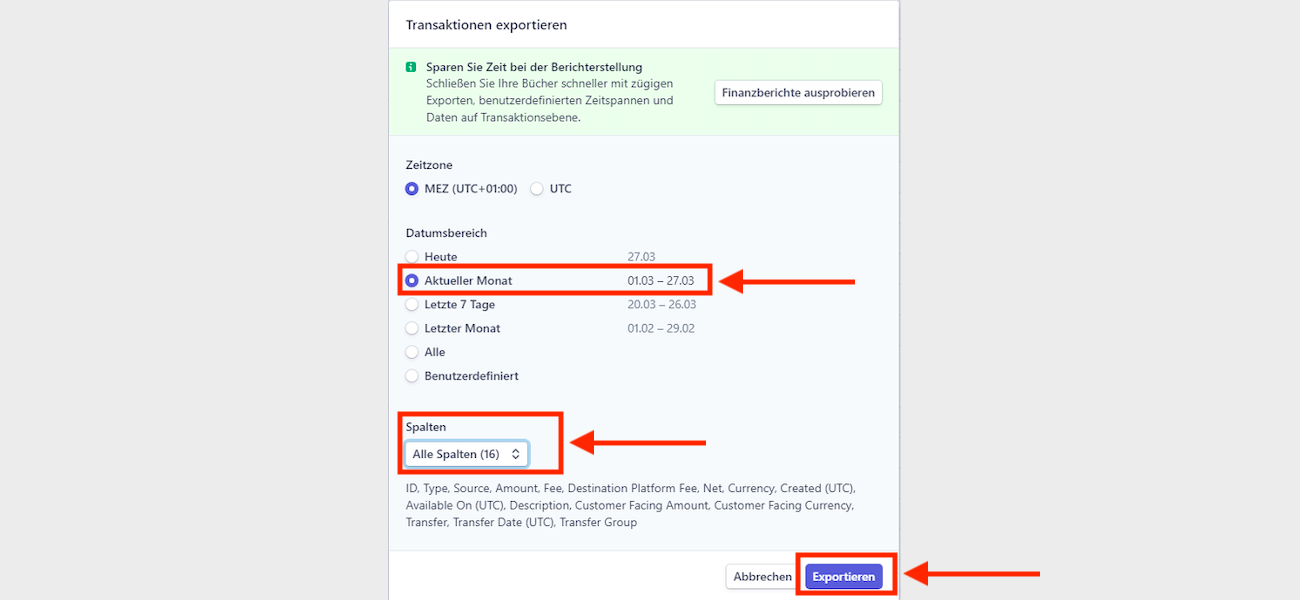 Gewünschten Zeitrum in Stripe auswählen und exportieren