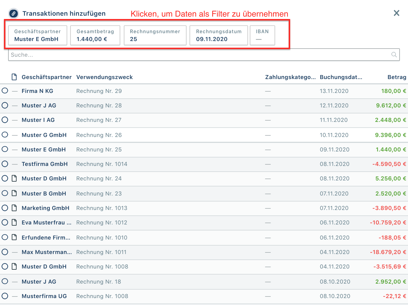 Belegdaten als Filter zur Suche der richtigen Transaktion nutzen