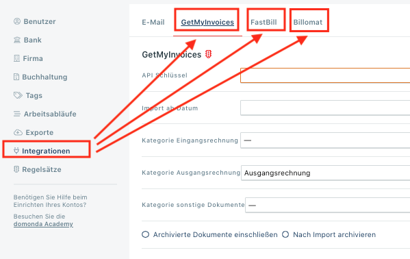 Übersicht der Integrationen in den domonda Einstellungen