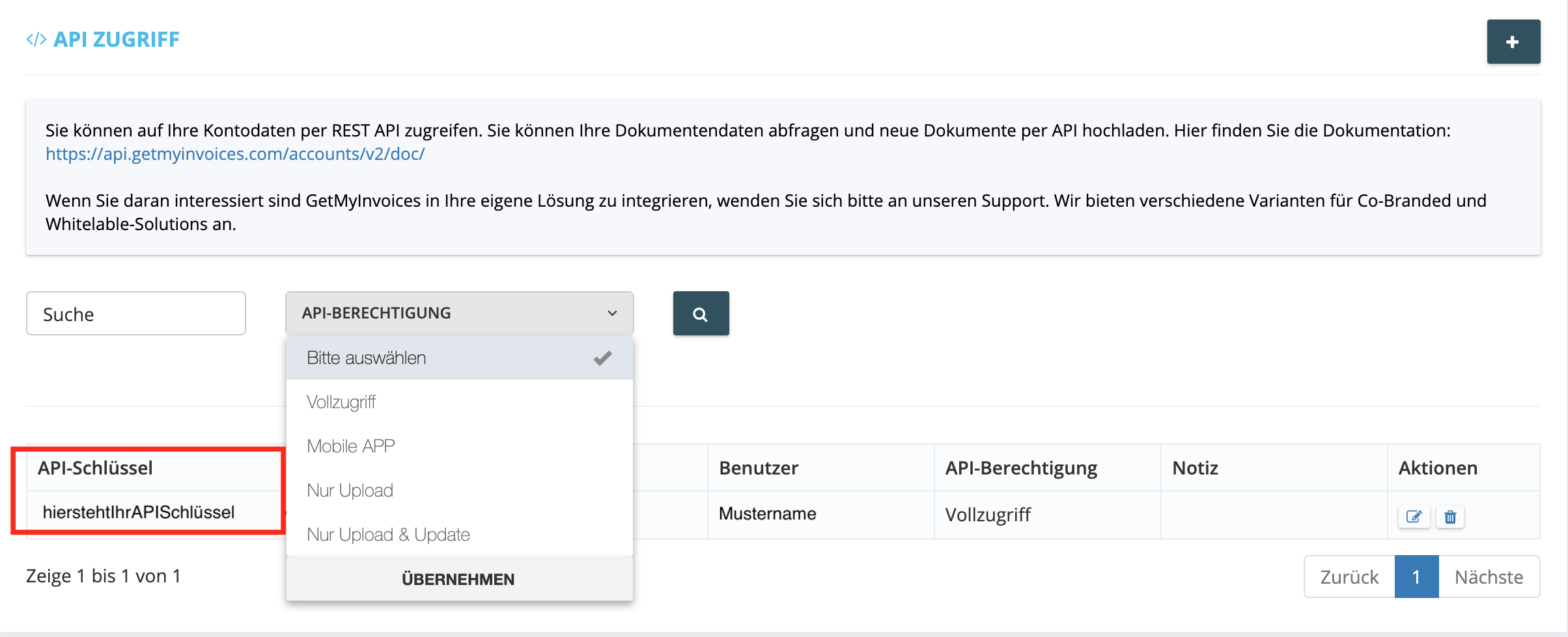 API Key in GetMyInvoices finden