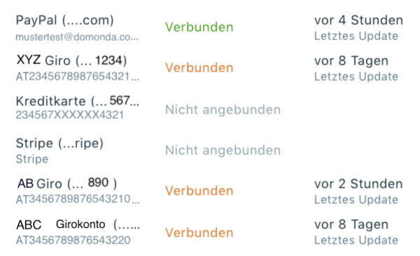Übersicht der angebundenen Bankkonten
