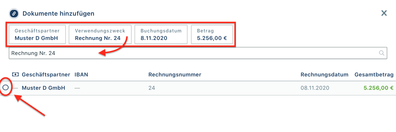 Auswahl der richtigen Rechnung für die Verbindung mit der Transaktion