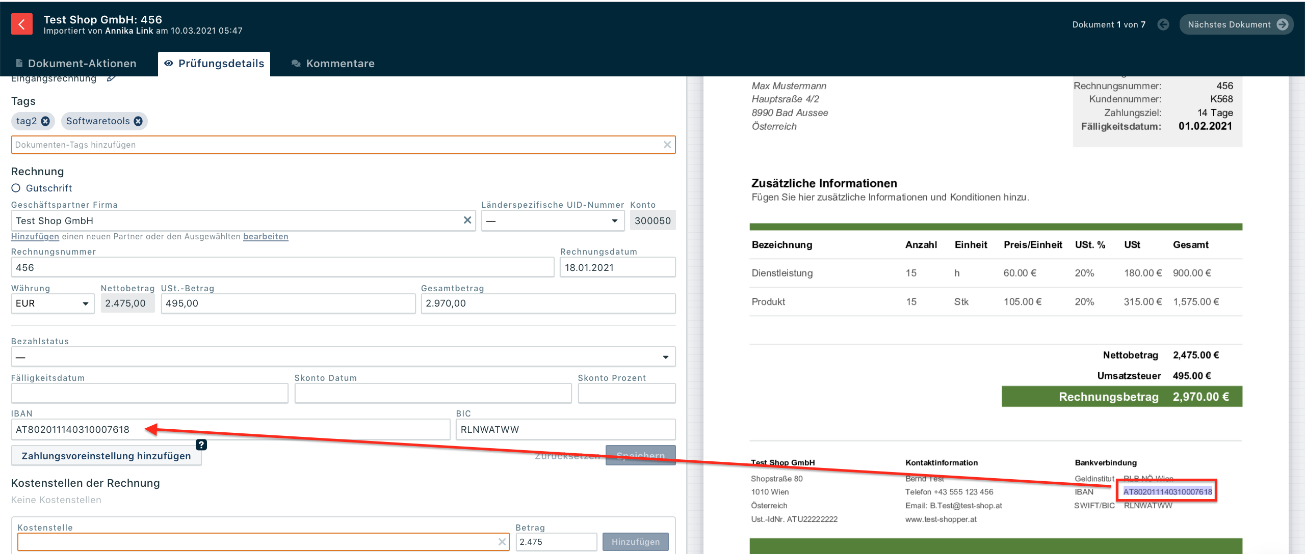 Kopieren der IBAN direkt von der Rechnung
