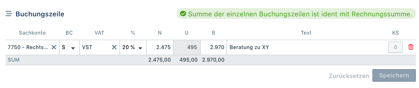 Einfache Buchungszeile mit Werten ausfüllen