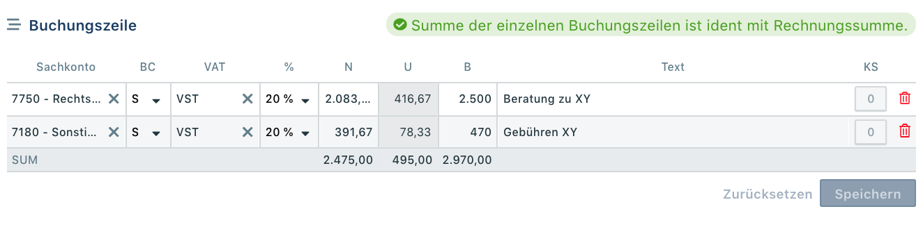 Summe der Splittbuchungen stimmt überein