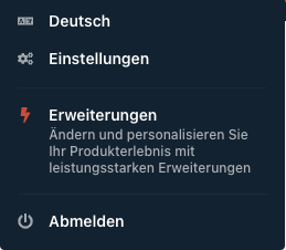 Screenshot eines Dropdowns aus der domonda App, welches die Menüpunkte Sprachauswahl, Einstellungen, Erweiterungen und Abmelden anzeigt.